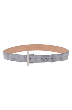 Alexander McQueen T-Bar Skull Print Suede Belt in Grey/Dark Grey/Silver at Nordstrom, Size 110