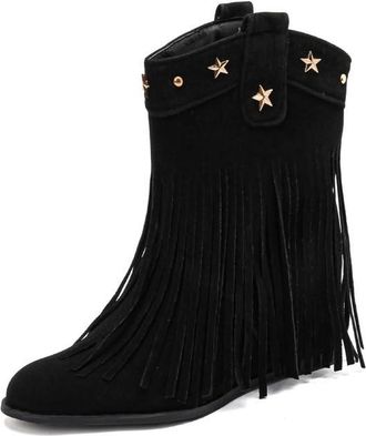 Generic Womens Pull on Short Boots with Revet Chunky Block Heel Wide-Calf Booties Closed Round Toe Western Cowboy Boots with Tassel,Black,2.5 UK