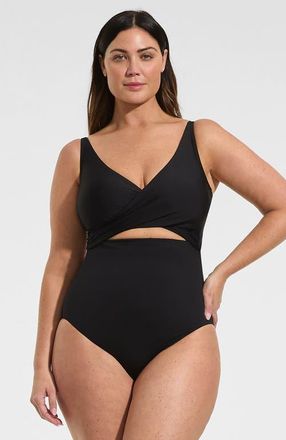 Lands End Wrap Monokini High Leg One Piece Swimsuit in Black at Nordstrom, Size 26W