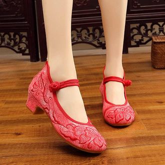 Generic Embroidered Low Heel Canvas Pumps with Ankle Strap - Comfortable Elegant Shoes for Womens Casual Wear