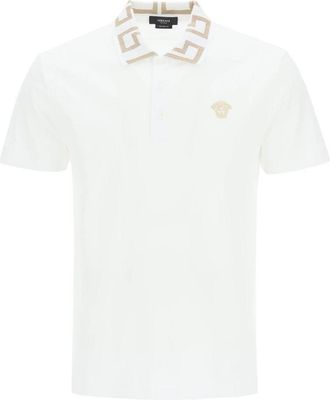 Versace Mens Optical White Greca Embroidered Polo Shirt, Size Small