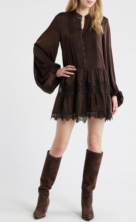 Bardot Antonia Lace Trim Long Sleeve Satin Minidress in Dark Choco at Nordstrom, Size 6