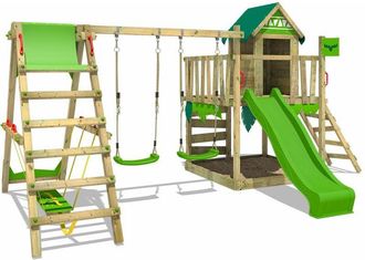 Fatmoose Parque Infantil De Madera Jazzyjungle Con Columpio Surfswing Y Tobog&aacute;n Casa De Juegos De Jard&iacute;n Con Arenero Y Escalera Para Ni&ntilde;os - Verde Manzana - Fa