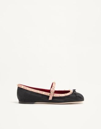 Valentino Garavani Mary-Jane Rockstud Ballerina in Moire Fabric 05mm Woman BLACK 35.5