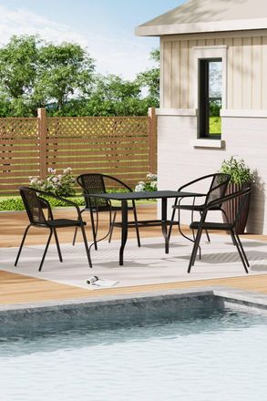 Living and Home Garden Metal Slatted Coffee Table with 4 Rattan Chairs in Black | Size: Large