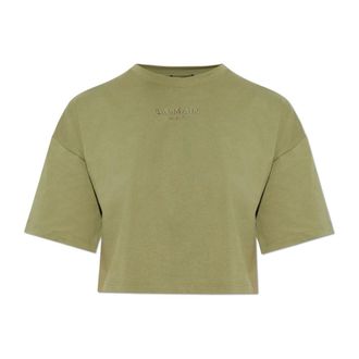 Balmain T-Shirts, female, Green, Size: L T-shirt with embroidered logo