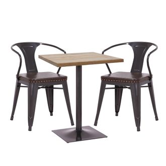 Hhg Hhg - Non Utilizzato] Set Tavolo Bistro E 2x Sedie Design Industriale 469d Tavolo Naturale Ecopelle Marrone
