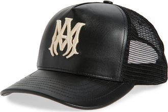 Amiri MA Logo Leather Trucker Hat in Black at Nordstrom