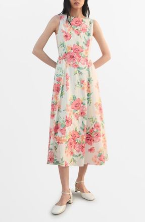 Mango Floral Sleeveless Cotton Midi Dress in Off White at Nordstrom, Size 10