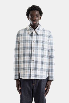 Thom Browne Mens Jacket-Shirt Cotton Windowpane Plaid Sky Blue Grey Armband Sleeve