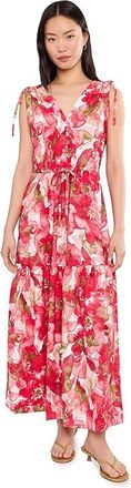Calvin Klein Sleeveless Dot Crepe Floral Drawstring Midi Dress Womens Dress Watermelon : 12, Polyester