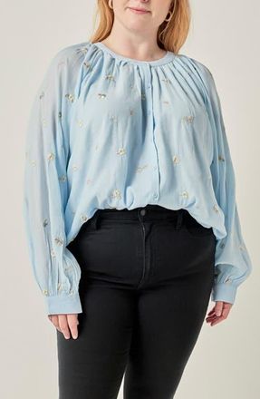 English Factory Embroidered Button Front Blouse in Powder Blue at Nordstrom, Size 2X