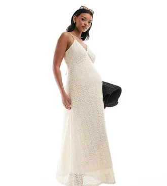 Vero Moda plunge front lace maxi dress in cream-White