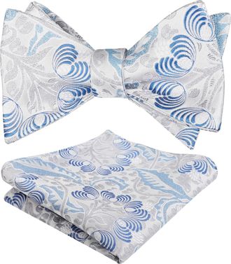 Alizeal Mens Self Tied Floral Bow Tie and Pocket Square Set Classic Bowties for Party Wedding, Silver+Blue