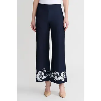 Ming Wang Stretch Deco Crepe Floral Print Wide-Leg Pants in Indigo/white at Nordstrom, Size Xx-Small