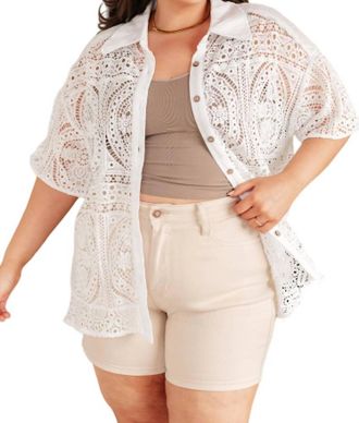 Very J Head In The Clouds Lace Button Down In White