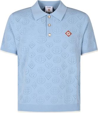 Casablanca Pointelle Monogram Short Sleeve Polo Shirt - Heren - Polos - Blauw - L - Katoen - Tops
