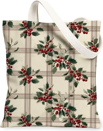 Generic Holly Canvas Tote Bags, Classic Plant Pattern Reusable Grocery Bags, Winter Vintage Lightweight Washable Shoulder Strap for, Beige, 13x15 Inch