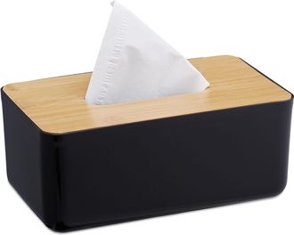 Relaxdays Set De 2 Cajas Pa&ntilde;uelos Grandes, Rellenable, Ba&ntilde;o, Dispensador Toallitas Papel, Tapa Bamb&uacute;, 10x23x13 Cm, Negro Y Natural