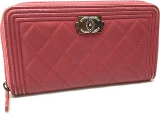 Chanel Boy Chanel Rose Pink Leather Long Wallet (Bi-Fold) (Pre-Owned)