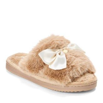Dearfoams Bianca Pile Slide Slipper with Bow in Latte at Nordstrom, Size X-Large