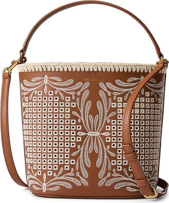 Veronica Beard Small Feed Embroidered Leather Top Handle Bag in Hazelwood /Natural at Nordstrom
