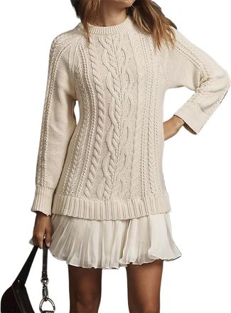 Generic Women Crewneck Cable Knit Sweater Mini Dress, Crewneck Long Sleeve Pleated Twofer Style Patchwork Dress (Beige,M)