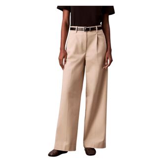 Calvin Klein Broeken, Dames, Beige, XS, Katoen, Stretch Chino Pliss&eacute; Wijde Pijpen Broek