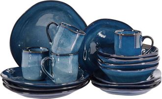 Beliani Set di 16 stoviglie in gres caolino fatto a mano con smalto reattivo Finitura blu Hawthorn
