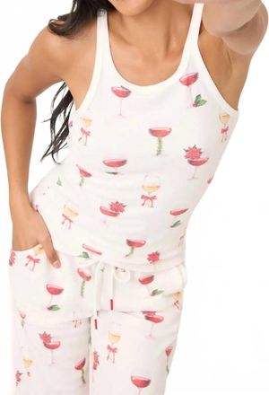 PJ Salvage Lets Get Toasty Holiday Wine Print Tank Top In Ivory