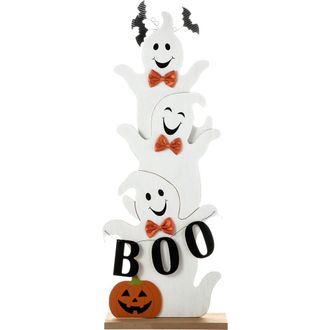 Glitzhome 37.5H Halloween Wooden Stacked Ghost Porch Decor in White at Nordstrom, Size Medium