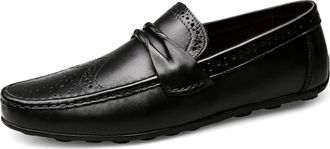 Generic Mens Mens Loafers Shoes Brogue Wing Tip Genuine Leather Round Toe Comfortable Flexible Flat Heel Anti-Slip Lightweight Walking Party Slip-on(Black,9.5