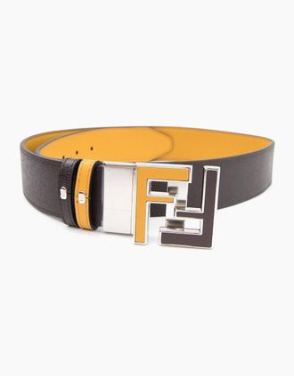Fendi Mens Fendi FF Logo Smooth Leather Reversible Belt Brown/yellow - Size: 100CM