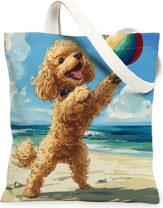Generic Summer Golden Retriever Dog Canvas Tote Bag for Shopping 13x15, Beach Coastal Beachy Puppy Reusable Grocery Print Bag for Women, Fun Pet Beach Aesthet