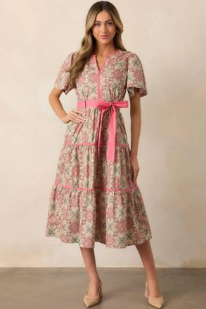 Merci Contrast Binding Printed Midi Dress In Pink