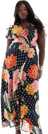 Hope & Ivy Vestito a portafoglio blu navy a fiori allacciato in vita con maniche con volant