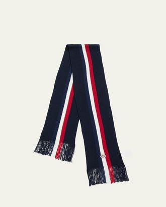 Moncler Mens Wool Tricolor Stripe Fringe Scarf