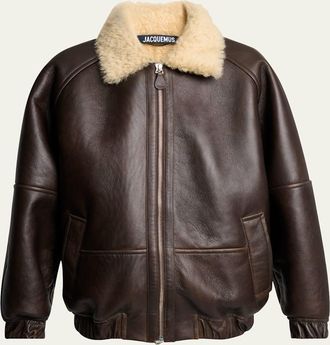 Jacquemus Mens Leather and Shearling Bomber Jacket
