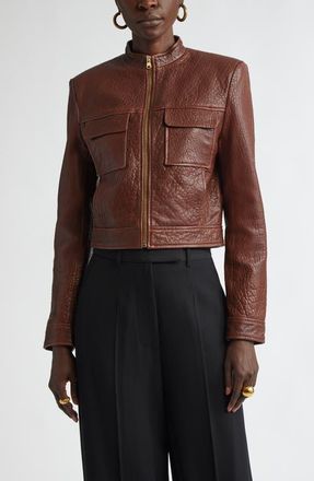 St. John Crinkled Leather Moto Jacket in Redwood at Nordstrom, Size 12