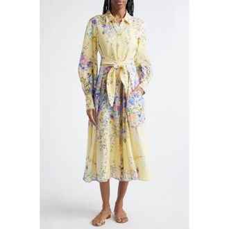Camilla Darling Buds Long Sleeve Tie Waist Linen Shirtdress at Nordstrom, Size X-Small