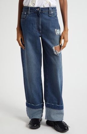 Simone Rocha Embellished Distressed Straight Leg Jeans in Distressed Blue/Pearl/Clear at Nordstrom, Size 10 Us
