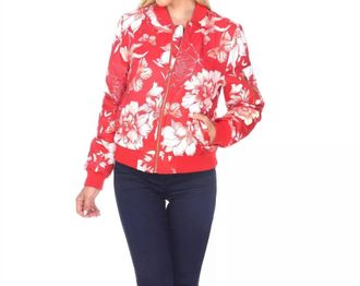 White Mark Floral Bomber Jacket In Red