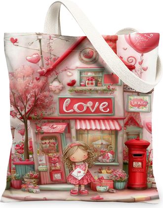 Generic ValentineS Day Hearts Canvas Tote Bags, Adorable Love Pattern Reusable Grocery Bags, Lightweight Washable Shoulder Strap C, Peach, 13x15 Inch