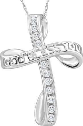 Pompeii3 1/3Ct T. W. Diamond Cross 10k White Gold Necklace God Bless You Pendant 18 Chain
