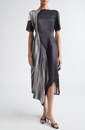 Jason Wu Dancing Pleat Print Double Face Satin Dress in Black/Pink at Nordstrom, Size 12