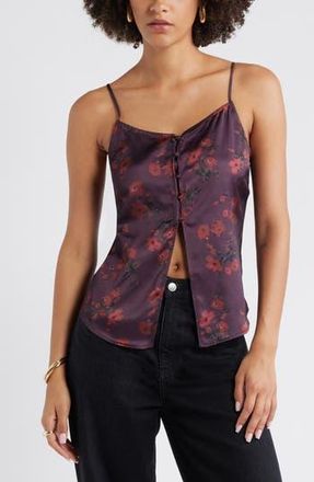 Open Edit Split Front Satin Button-Up Camisole in Burgundy Red Avery Floral at Nordstrom Rack, Size X-Small