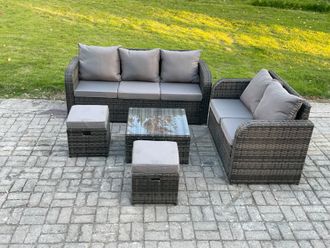 Fimous PE Rattan Garden Furniture Sets 7 Seater Outdoor Lounge Sofa Set Square Coffee Table 2 Small Footstools