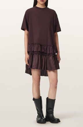 AllSaints Feyre Ruffle Tiered Cotton T-Shirt Minidress in Burgundy Red at Nordstrom, Size X-Small