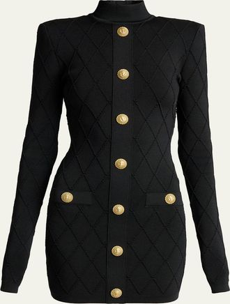Balmain Long-Sleeve Buttoned Knit Mini Dress
