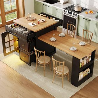 Merax Extendable Kitchen Island Bar Table with LED Light & Storage in Black